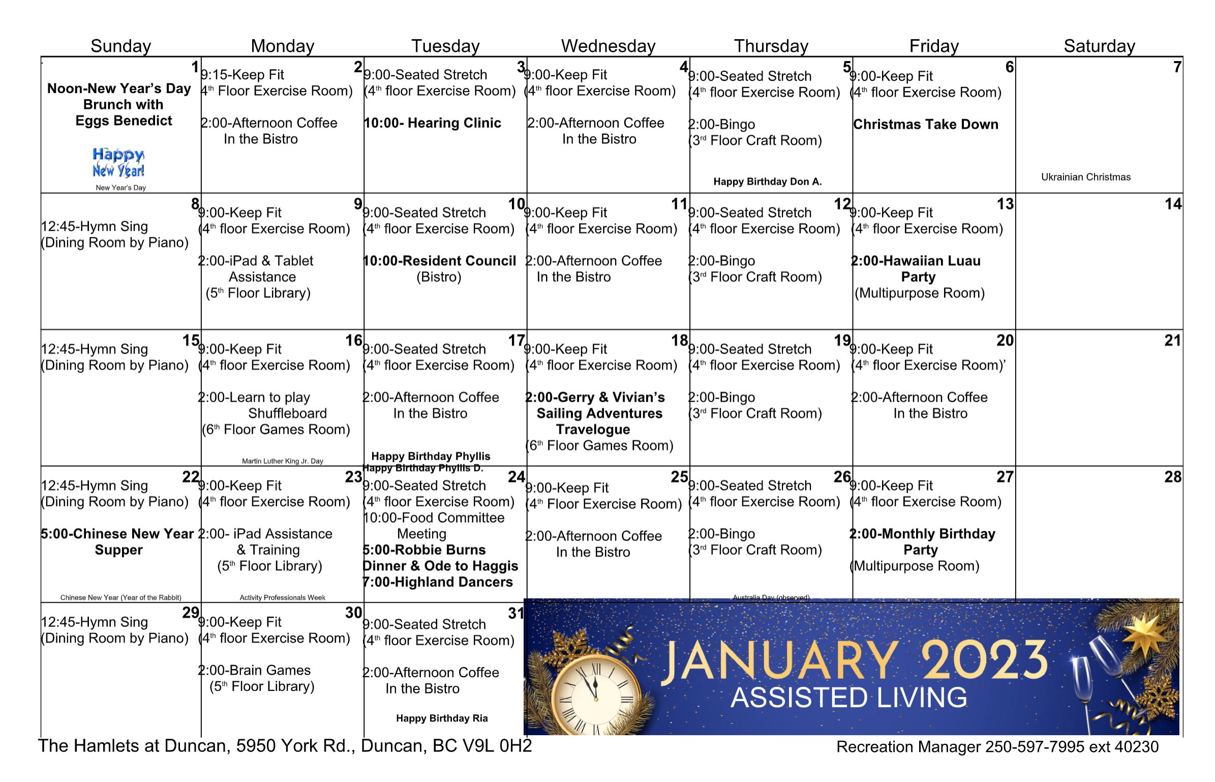 Event Calendar Senior Assisted Living Community Duncan, BC