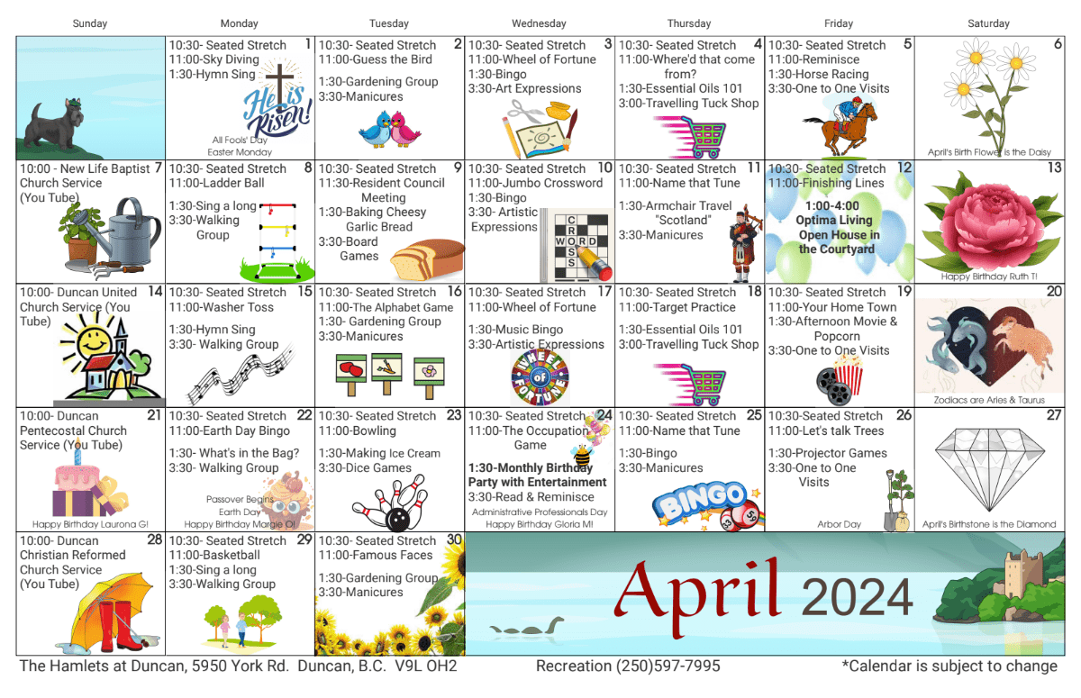 The Hamlets at Duncan April 2024 Snowberry and Camas event calendar