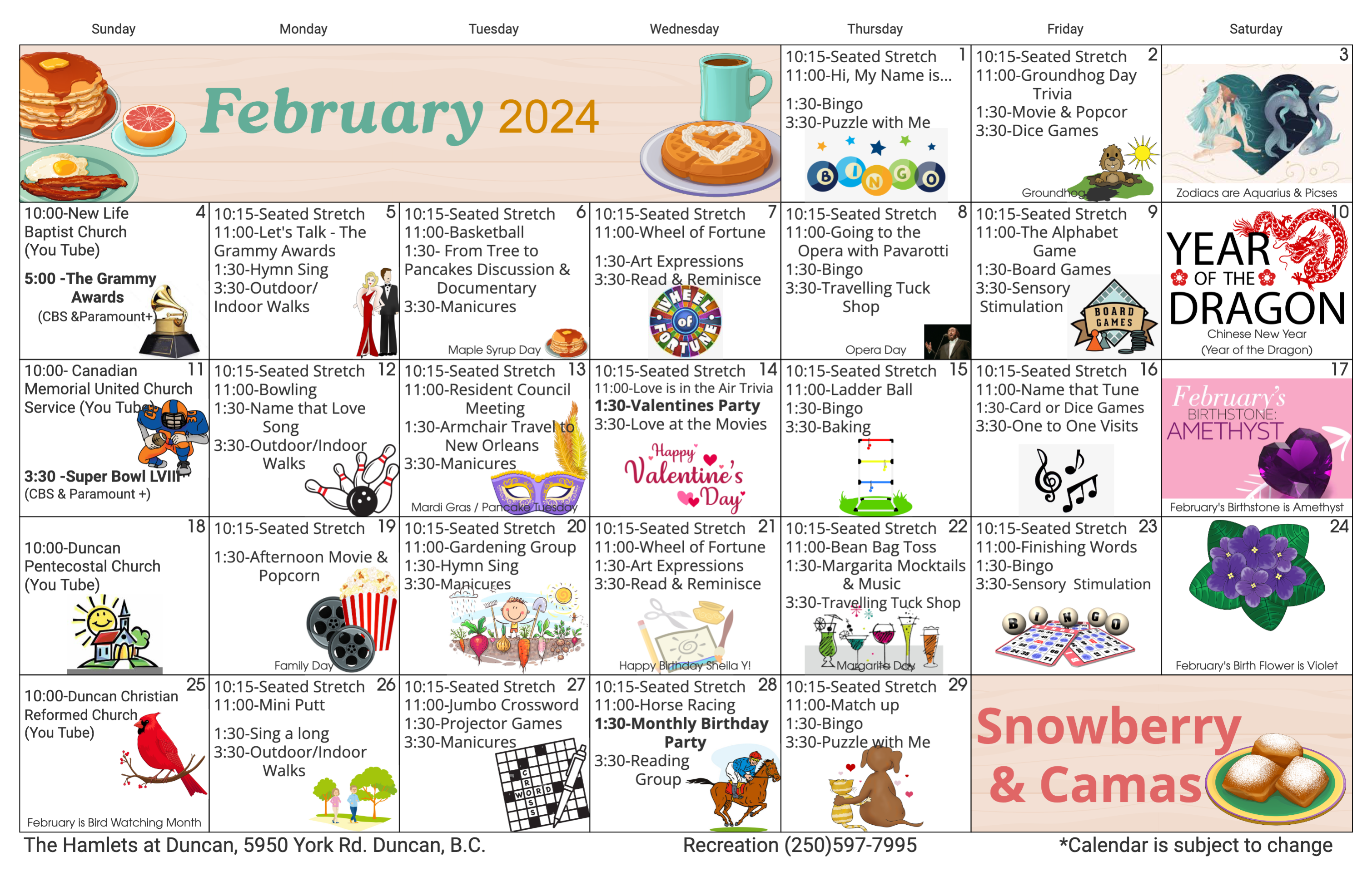 The Hamlets at Duncan February 2024 Snowberry and Camas event calendar