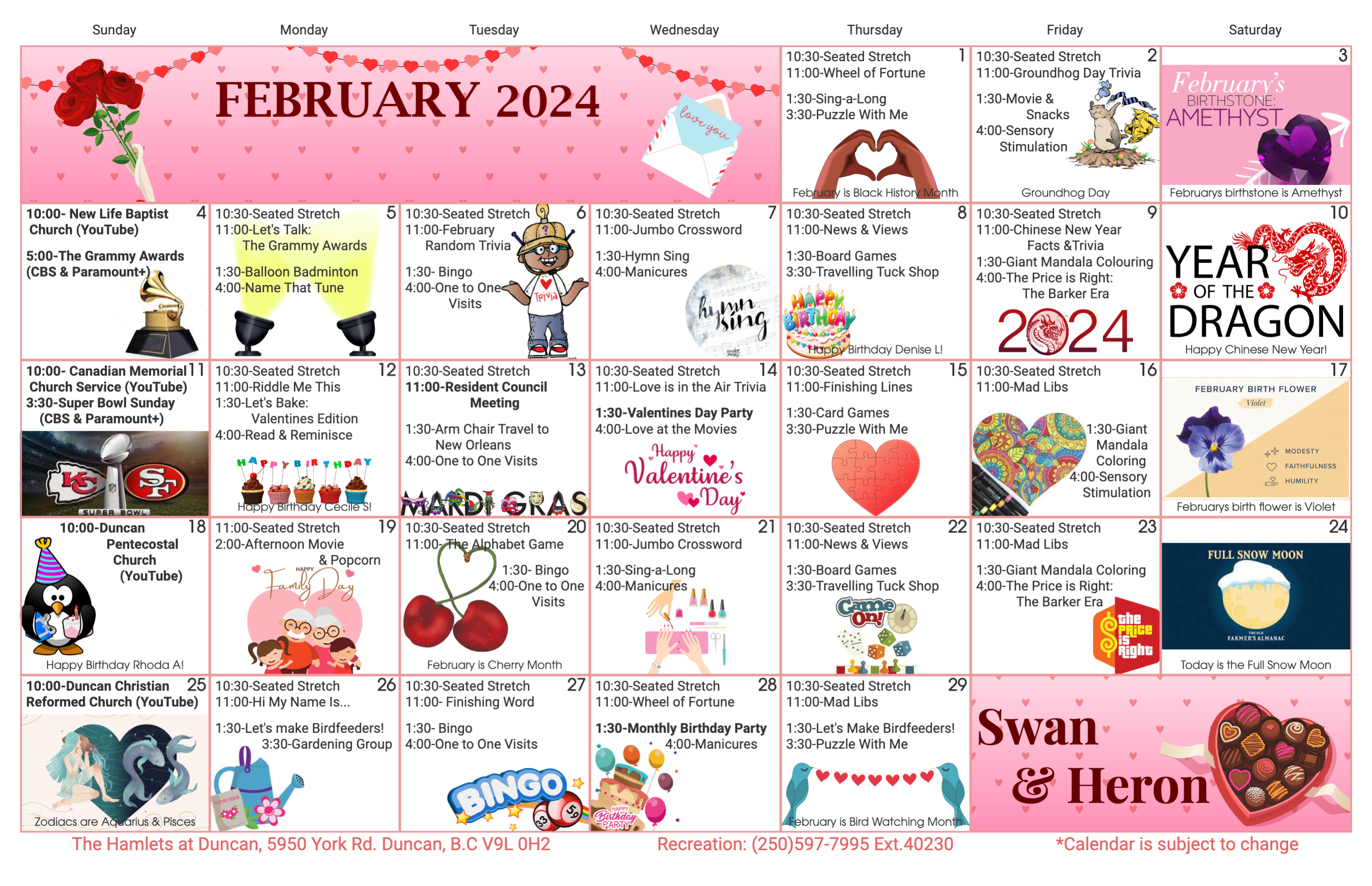 The Hamlets at Duncan February 2024 Swan and Heron event calendar