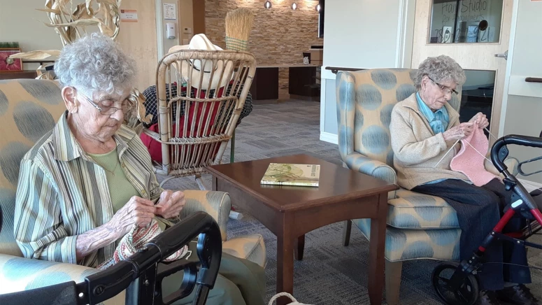 A couple of ladies knitting at Hamlets Duncan retirement home common area